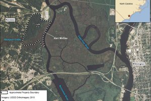 Aerial map illustration showing the location of the former Kerr-McKee  wood-treatment processing plant in Navassa, NC.