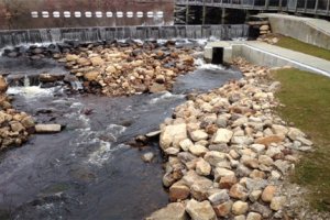 A fishway, or fish ladder, was constructed as part of the restoration effort to help herring travel upstream.